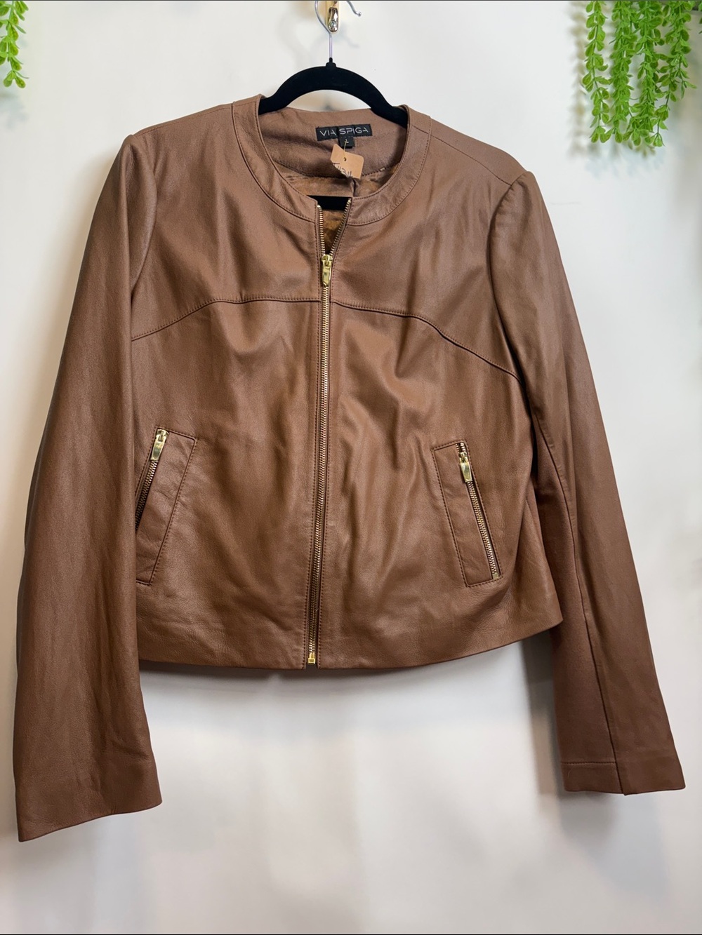 Via Spiga Classic Brown Leather Zip Jacket